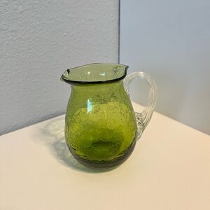 Vintage Olive Green Hand Blown Crackle Glass Small Pitcher